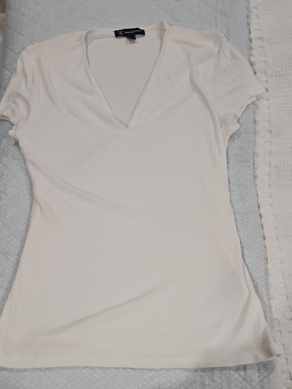 INC International Concepts White Deep V-Neck Short Sleeve Tee